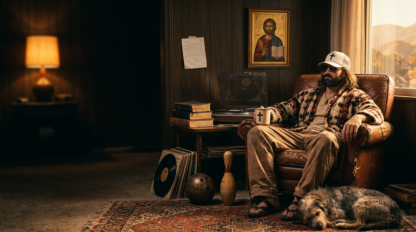 The Holy Fool in a cross trucker cap and sunglasses, coffee mug in hand, slouched in a leather armchair beside records, a bowling pin, an icon of Christ and a sleeping dog